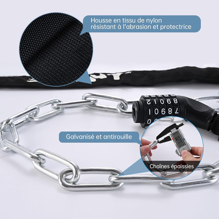 Cadenas Velo Antivol 5 Chiffres Code, 7Mm Chaine Antivol Velo Robuste Haute Sécurité, 90Cm, Adaptée Aux Antivol Trotinette Electrique/Moto/Scooter